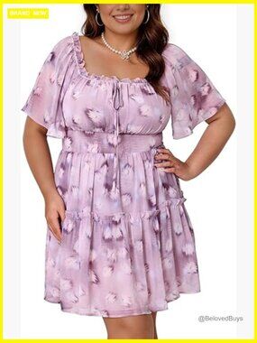 Plus Size Chiffon Mini Dress L-4XL Flutter Sleeve A-Line Summer